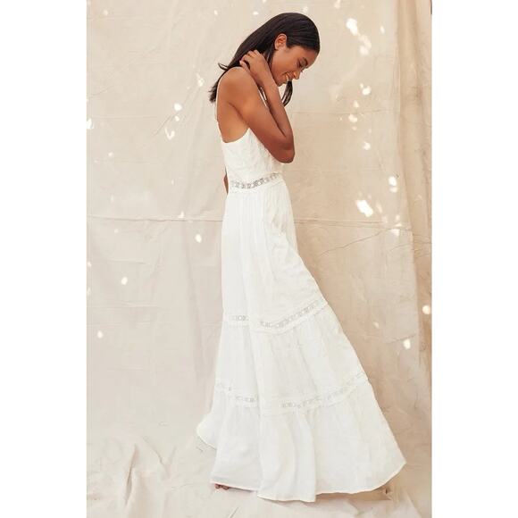NEW Lulus Light Breeze White Striped Crochet Lace Tiered Maxi Dress Size Small - Picture 4 of 14